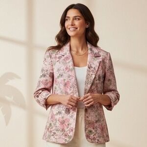 Emma & James Liz Claiborne Pink Floral Linen Blend Blazer Jacket Size 10